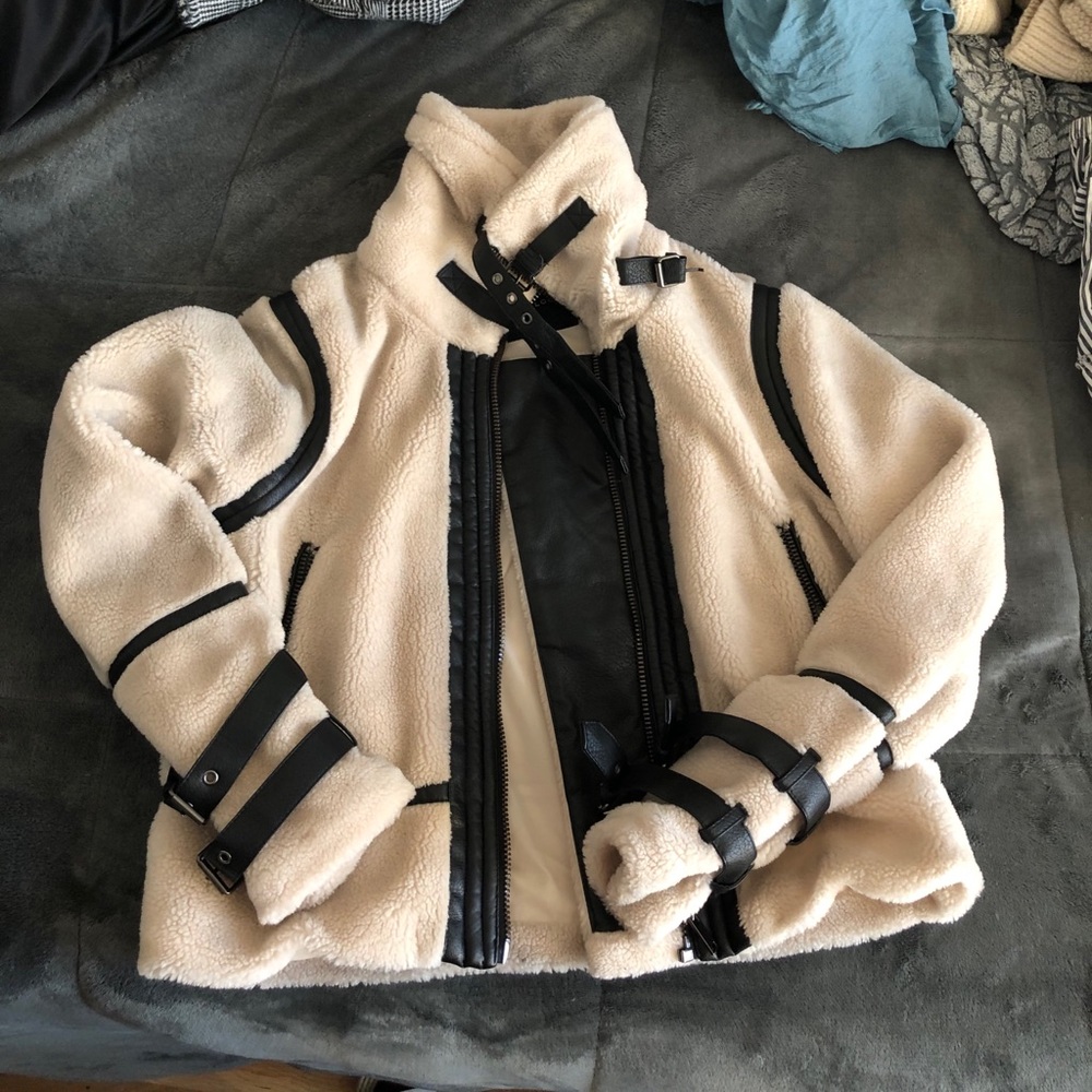 ASOS Shearling Cream Coat with leather detail